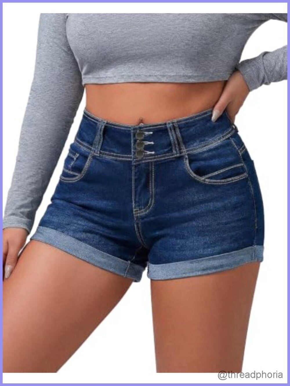 High Waisted Stretchy Denim Jean Shorts Cuffed Hem